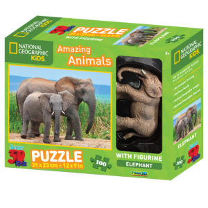 15600 NAT GEO ANIMALS WITH FIGURINE KIDS - ELEPHANTS WITH FIG 100PC 3D PUZZLE - PACK SHOT IMAGE 1